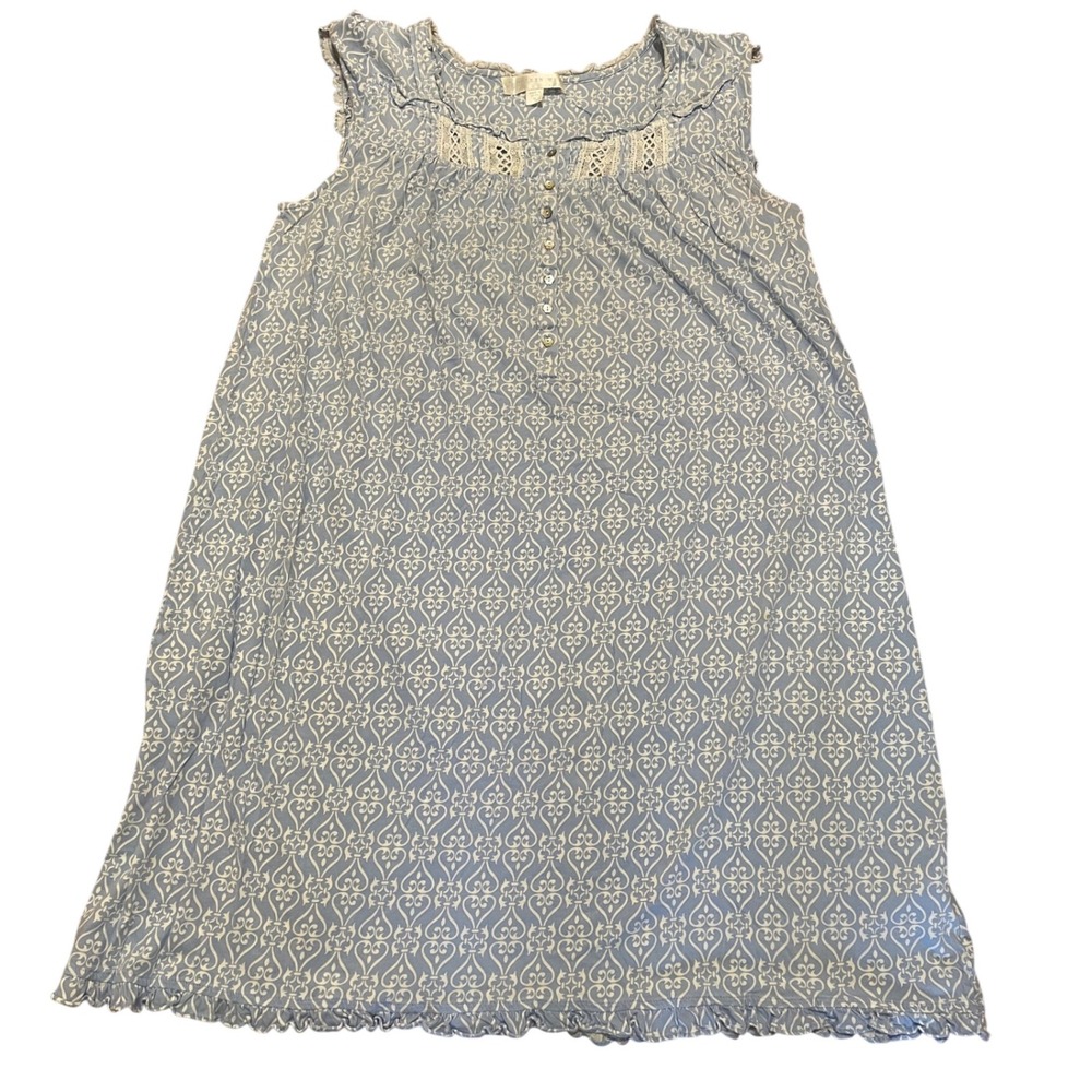 Eileen West‎ Nightgown Size M Blue White Patterned Cap Sleeve Knee Length Lace